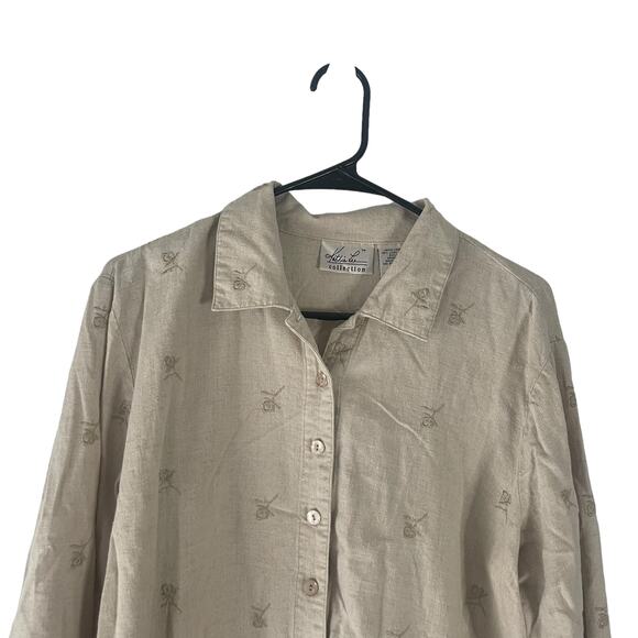 Kathie Lee Vintage 90s Women Size XL Oat Linen Blend Embroidered Button Blouse - Picture 1 of 7